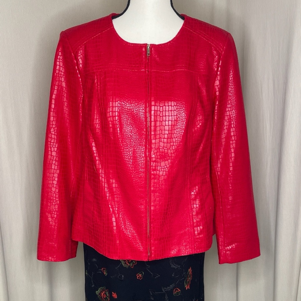 Joni B Jacket Faux Leather Red Long Sleeves Pockets Zip Up Jacket